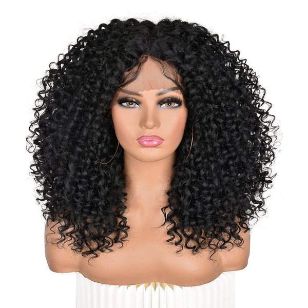Annivia Curly Lace Front Wigs for Black Women Short Curly Lace Front Wig Pre Plucked with Babyhair, Natural Looking Synthetic Kinky Afro Short Curly Frontal Hair Wig 16inch（Natural Black,13×4）