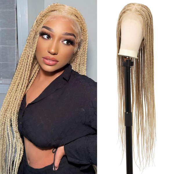 Lexqui 36" 360° HD Full Lace Braided Wigs for Women Box Braid Wig with Baby Hair Handamde Human Hair Blended Triangle Knotless Braided Wigs Natural Braided Lace Front Wig Blonde
