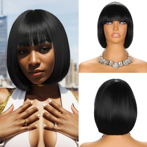 YYHR Short Bob Wig With Bangs 10" Light Yaki Straight Synthetic Hair Wigs Cut Short Black Bob Wigs With Bangs Daily Costume Wig Hair Replacement Wigs Heat Resistant (10 Inch,1B)