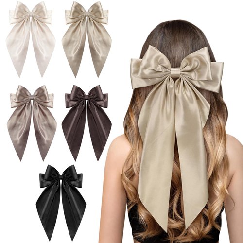 5 Pcs Hair Bows for Women, Brown Big Hair Bows Black Hair Bow Satin Ribbons Bow Hair Clips, Oversized Long Tail Hair Bow Cute Hair Accessories for Girls, Neutral Color