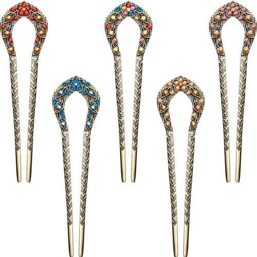 5 Pieces French Hair Pins Vintage Hair Forks Metal U Shaped Chignon Pin Double Prong Hair Stick Crystal Rhinestone Hairpin for Women Girls (Elegant Pattern)