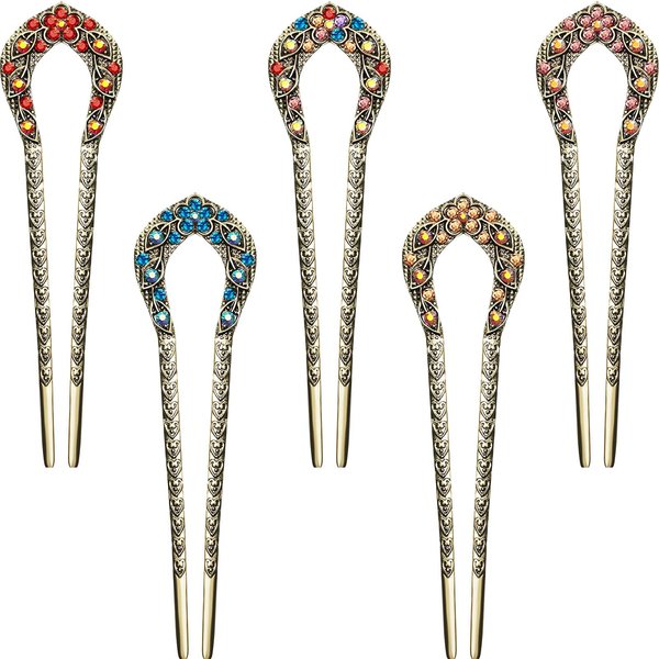 5 Pieces French Hair Pins Vintage Hair Forks Metal U Shaped Chignon Pin Double Prong Hair Stick Crystal Rhinestone Hairpin for Women Girls (Elegant Pattern)