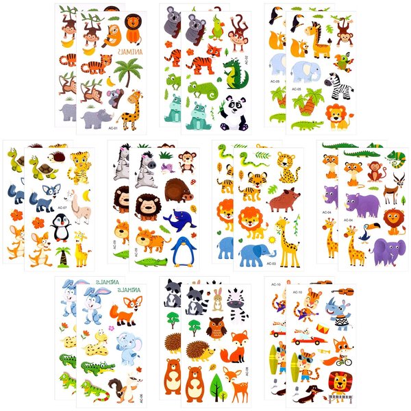 CHANZET Animal Temporary Tattoos for Kids 20 Sheets, Safari Tattoo Stickers Jungle Party Favors, Printable Temporary Tattoo Paper, Waterproof Birthday Party Supplies Decorations for Boys Girl Face Arm Body