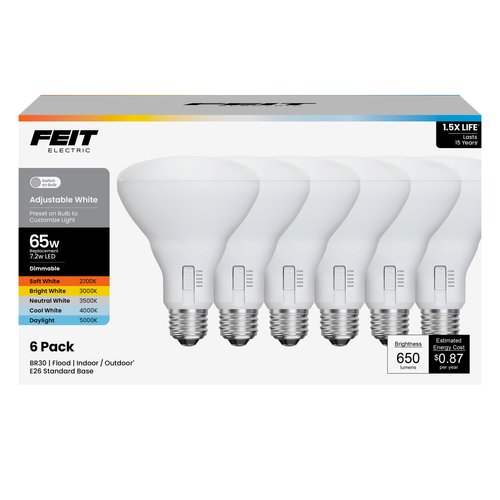 Feit Electric BR30 LED Flood Light Bulb, 65W Equivalent, Dimmable, 5CCT, Adjustable White, 650 Lumens, Indoor/Outdoor Residential & Commercial Use, 17,000-Hour Lifespan, BR3065DM5CCTCA15K/6, 6-Pack
