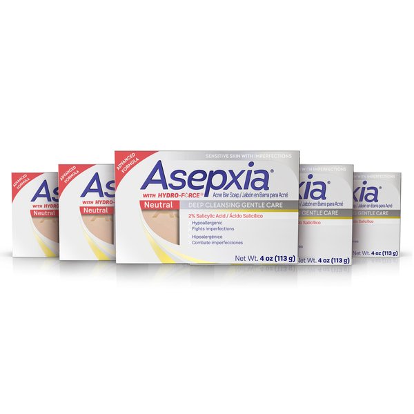 Asepxia Cleansing Bar Neutral Multipack: Acne Treatment, Prevents Pimples and Blackheads, Salicylic Acid Formula, Deep Cleansing for Clear Skin - 4 Ounce, Pack of 5