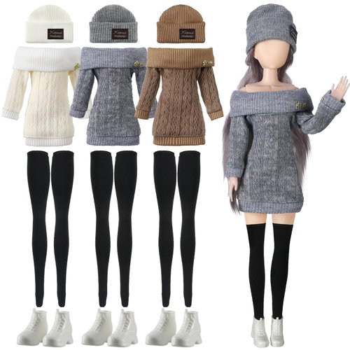 Geyoga 3 Set 12 Pcs Winter Christmas Doll Clothes and Accessories 12 Inch Doll Suit Doll Pants Shoes Sweater Outfits, Dolls are Not Included(Gray, Brown, Cream White)