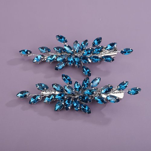 Teyglen Blue Rhinestone Bridal Hair Clips Crystal Wedding Hair Barrette for Women Decorative Hair Accessories Jewelry Sparkly Crystal Hair Piece (Peacock blue)
