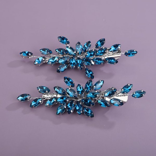 Teyglen Blue Rhinestone Bridal Hair Clips Crystal Wedding Hair Barrette for Women Decorative Hair Accessories Jewelry Sparkly Crystal Hair Piece (Peacock blue)