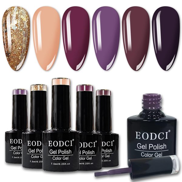 eodci Coffee Cafe Collection 6 Colors Nudes Sparkle Purple Golden Glitters Gel Polish, UV LED Brown Soak Off Nail Polish Gel, Nail Art Kit Salon Gel Nail Polish Set For beauty gift sets