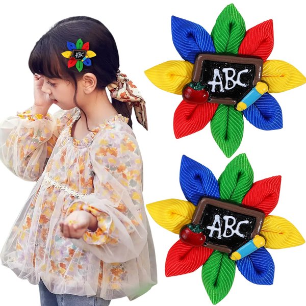 Back to School Hair Clips First Day of School Hair Bows Apple Pencil Blackboard Hair Bow Barrette Colorful Flower Alligator Clips for Kindergarten Hair Accessories 2Pcs (Pencil Blackboard)
