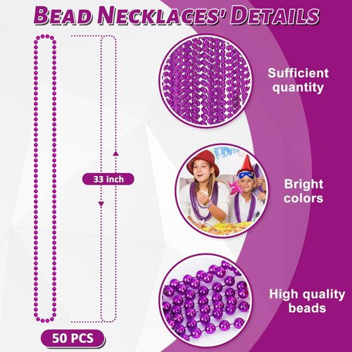 EOBOH 50PCS Mardi Gras Beads, Purple Bead Necklace Party Favors, 33" Necklaces Women Men, Festival Parade Throw Accessories for Halloween Mardi Gras Wedding Birthday Celebrations Decorations