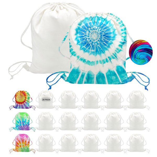 YOUKE OLA 20 Pack Tie Dye Cotton Drawstring Bags Tie Dye Kit Items Things to Tie Dye Blank Bag DIY Birthday Party Favor Bags White 13.5" x 16"