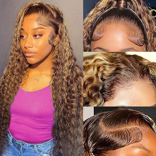 Ijowa 13x4 Highlight Ombre Deep wave Lace Front Wigs Human Hair P4/27 Colored HD Transparent Honey Blonde Curly Lace Frontal Wigs Pre Plucked 180% Density with Baby Hair 26inch