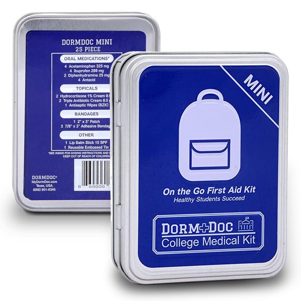 DormDoc Mini First Aid Kit Case Box - Compact Emergency Medical Kit for Students - OTC Aid Kit, Cream for Skin, Lip Balm, Patches/Bandages - Portable First Aid Supplies - 25 PCS