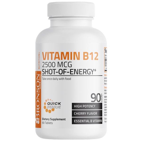 Vitamin B12 2500mcg Shot of Energy Fast Dissolve Chewable Tablets - Quick Release Cherry Flavored Sublingual B12 Vitamin - Supports Nervous System, Healthy Brain Function Energy Production – 90 Count