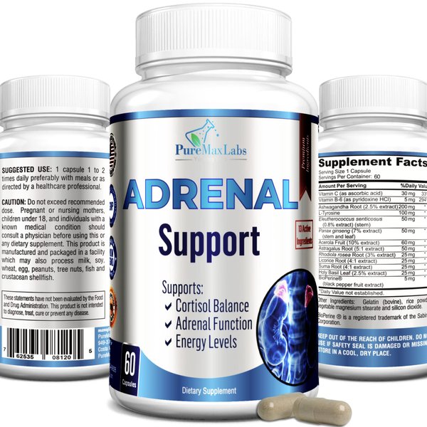 Adrenal Support, Cortisol Manager, Adrenal Health, Maintain Balanced Cortisol Levels, Stress Relief Supplement with Ashwagandha, L-Tyrosine - 60 Capsules