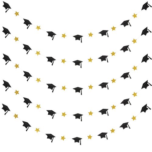 Gold and Black Graduation Cap Star Banner Graduation Cap Garland Banner, Gold and Black Graduation Cap Banner Decorations for College Graduation Party Decorations 2023 Gold and Black - 3Pcs