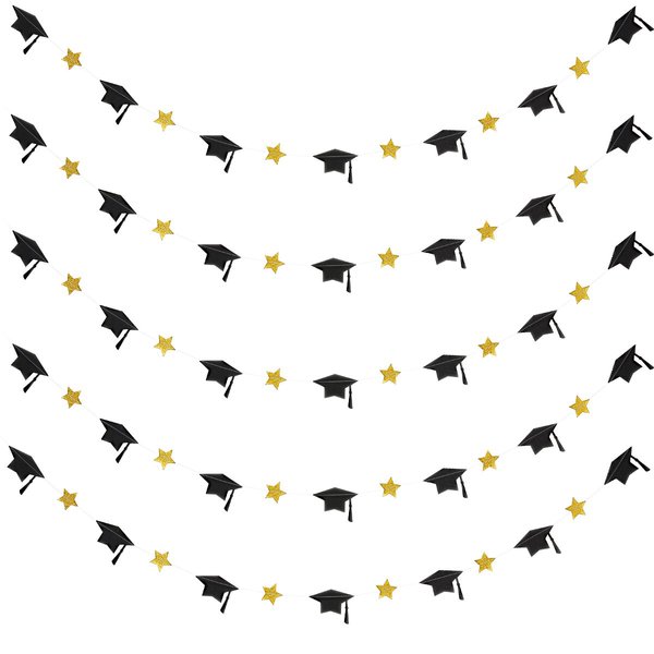 Gold and Black Graduation Cap Star Banner Graduation Cap Garland Banner, Gold and Black Graduation Cap Banner Decorations for College Graduation Party Decorations 2023 Gold and Black - 3Pcs