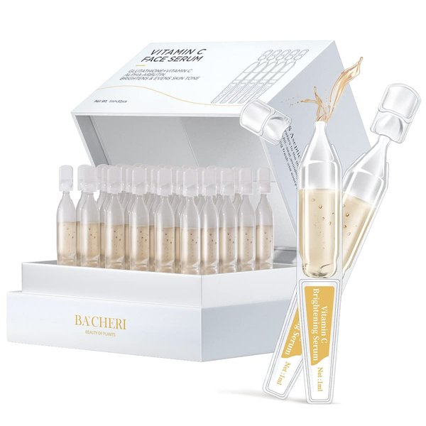 BACHERI Vitamin C Serum for Face with Hyaluronic Acid, Glutathione, Organic Aloe Vera, Hydrating & Brightening Serum, Dark Spot Remover, Anti Aging Facial Serum, 30 Ampoules