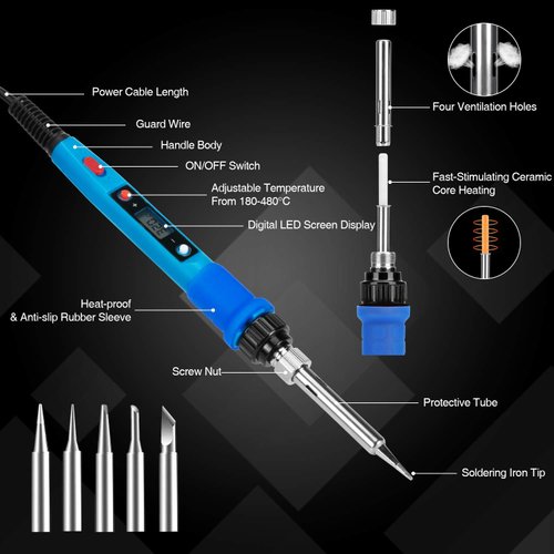 Soldering Iron Kit, 80W 110V LCD Digital Soldering Welding Iron Kit with Ceramic Heater, Portable Soldering Kit with 5pcs Tips, Stand, Solder Tube, Sponge, Solder Paste,for Metal,Electric, DIY