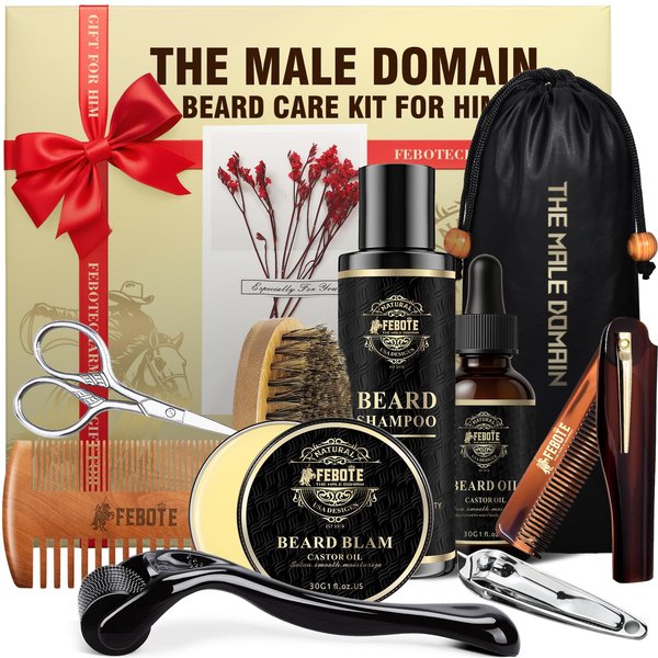FEBOTE Beard Care Kit for Men - Premium Grooming & Care Set with Beard Wash, Oil, Balm, Brush, Massager Roller and Scissors - Gift Ready Kit for Him Husband - Father's Day Valentine's Day Christmas