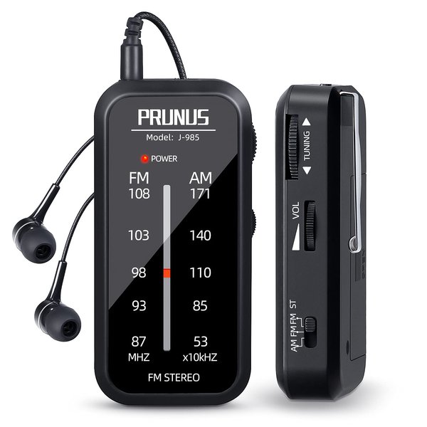 Pocket Radio Mini AM FM Stereo Radio Portable Battery Operated Radio, Includes Headphones, with Back Clip and Signal Indicator, Operated by AAA Batteries for Hurricane,Walking,Running,J-985 by PRUNUS