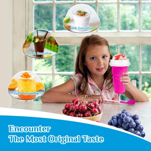 Slushy Maker Cup, DIY Magic Slushy Maker Squeeze Cup, Portable Smoothie Squeeze Cup for Juices, Milk and Ice Cream Make, Double Layers Silica Cup with Lid & Straw for Kids, Friends, Family (Pink)