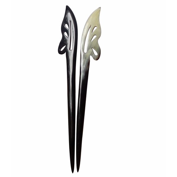 Buffalo Horn Hair sticks, Handmade Hair Sticks are Carved by Hand, Hair chopstick for Buns Hair Chopsticks for Women, Natural horn (Butterfly hair sticks black)