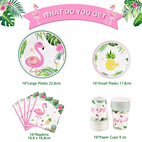 WERNNSAI Flamingo Party Supplies - 64PCS Luau Party Tableware Set Tropical Hawaiian Disposable Dinner Dessert Plates Napkins Cups for Girl Kids Birthday Baby Shower Serves 16 Guest