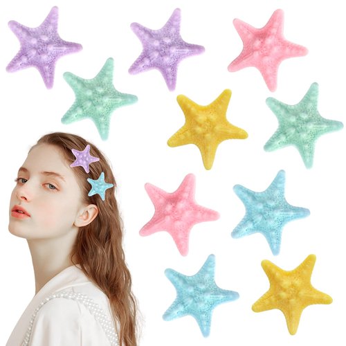 10PCS Starfish Hair Clips Cute Resin Beach Sea Star Hair Pins, Princess Alligator Hair Clips Mermaid Hair Clips Accessories for Women and Girls for Beach-themed Travel Party (Multicolor)