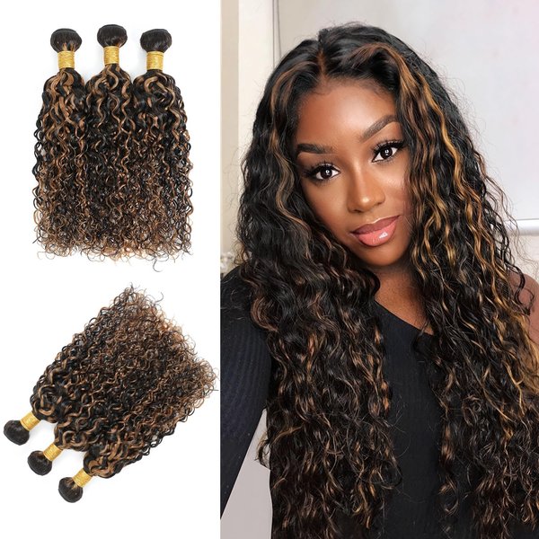 JOLAI Natural Black and Brown Highlight water wave human hair 3 bundles Brazilian 100% Unprocessed Virgin Remy Hair wet and wavy Bundle Ombre Blonde Wavy Sew in Piano Color #TFB30 10 12 14 Inch