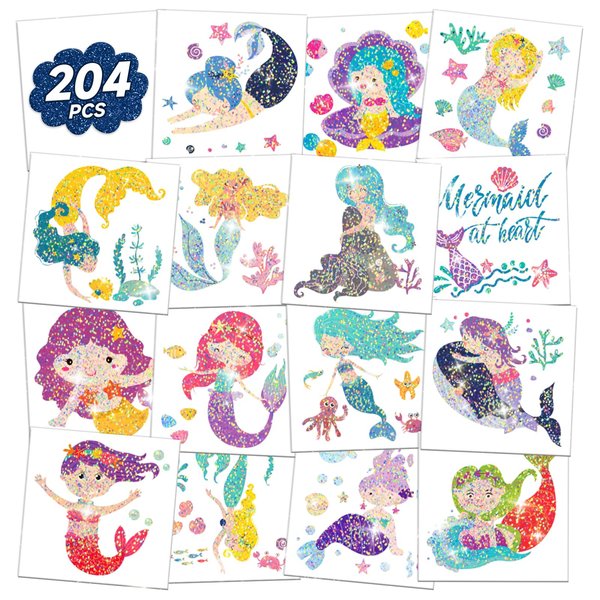 EMOME Glitter Temporary Tattoos for Girls, 204 Set Mermaid Tattoos Stickers Kids Pre-cut, Mermaid Theme Party Favors Birthday Decorations for Girls Kids