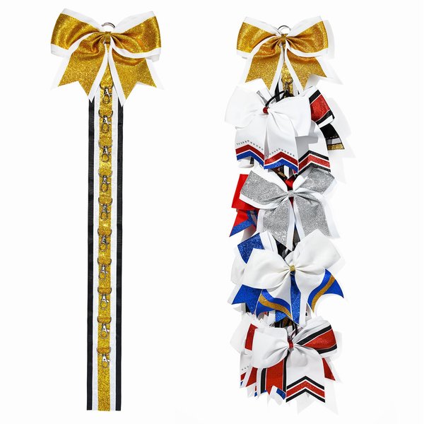 Cheer Bow Holder Glitter Hair Bow for Girls Rhinestones Bling Backpack Bows School Senior Gold Cheer Stuff Bow Accessories for Teen Softball football Cheerleader Sports