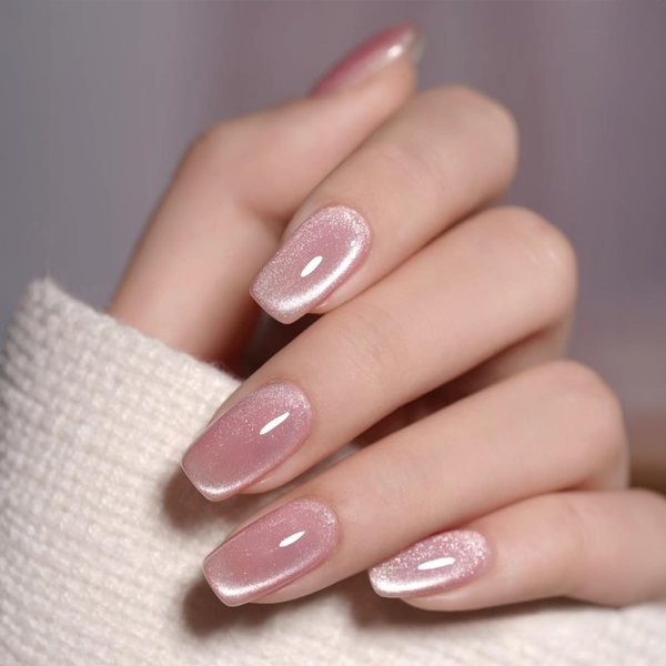 KIFOLLIV Cat Eye Pink Press on Nails Medium Fake Nails French Acrylic Full Cover False Nails for Women and Girls 24PCS,Glossy Round Fake Nails