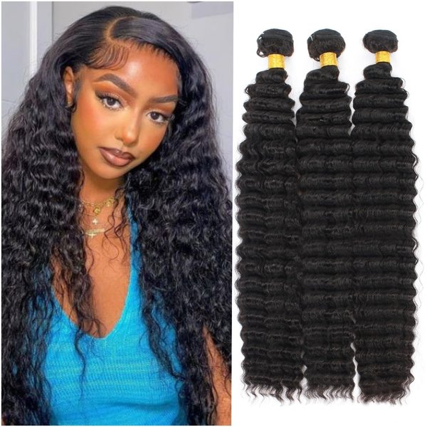 12A Brazilian Deep Wave Human Hair 3 Bundles 22" 24" 26" 300g Pineapple Deep Wave Bundles 100% Unprocessed Virgin Remy Hair Bundles Deep Curly Human Hair Weft for Black Women Natural Color