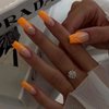 MISUD Coffin Press on Nails Long Fake Nails Glossy Glue on Nails Orange Ombre Acrylic Nails Ballerina Gradient Artificial Nails Bling Glitter Line Stick on False Nails with Design 24 pcs