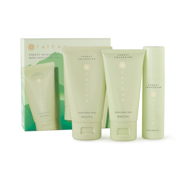 Tatcha Forest Awakening Body Discovery Set | Mini Hinoki Body Oil, Body Milk, and Exfoliating Wash ($71 Value)