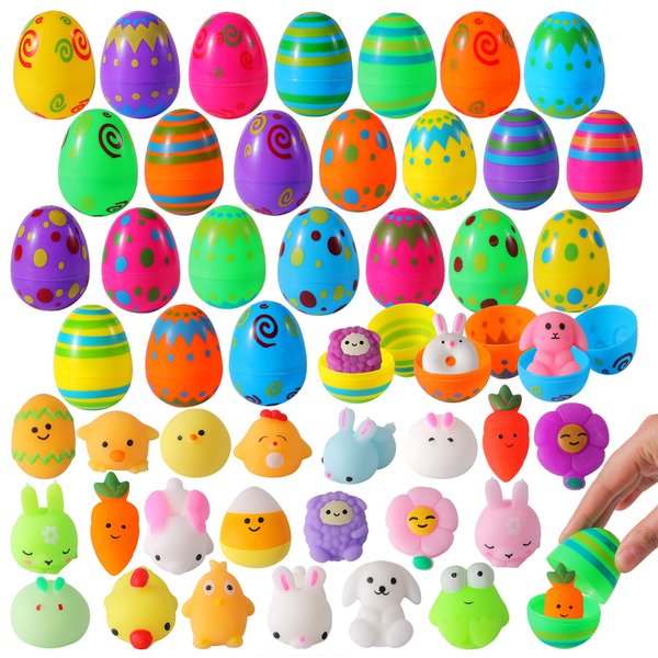 24pcs Prefilled Easter Eggs with Easter Squishy Toys, Mochi Squishies Stress Relief Toys Bright Colorful Filled Plastic Easter Eggs for Easter Basket Stuffers, Party Favor, and Egg Hunt for Kids