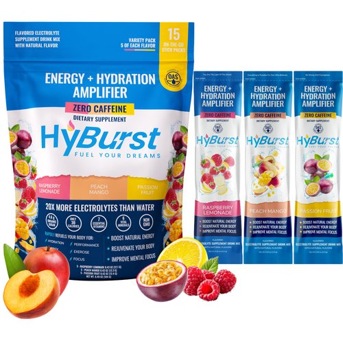 Hyburst Energy and Hydration Amplifier — 4-in-1 Electrolytes Powder Packets with Vitamins, Minerals & L-Theanine — Zero Caffeine Energy Drink — Hangover Relief — 15 Hydration Packets Variety Pack