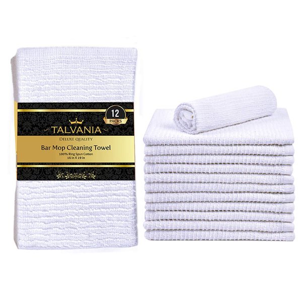 TALVANIA Bar Mop Towels 16”x19”, White Kitchen Bar Towel 12 Pack, 100% Cotton Ribbed Cleaning Cloths Rags, Super Absorbent Terry Shop Towels for Home Restaurant Commercial Use