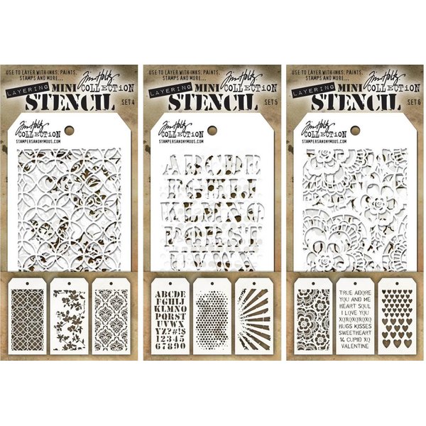 Tim Holtz - Nine Mini Layering Stencils - Latticework, Blossom, Gothic, Cargo, Bubble, Rays, Doily, Valentine and Hearts - aka sets 4, 5 & 6