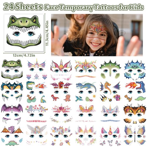 Partywind 24 Styles Face Temporary Tattoos for Kids, Dinosaur Fake Tattoo Stickers for Boys Girls Party Supplies Favors, Face Tattoos for Birthday Games, Kids Goodie Bag Stuffers