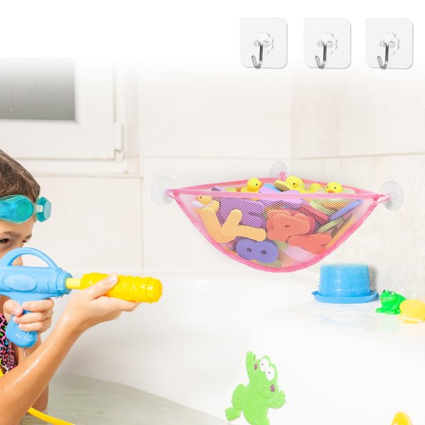 DOCMON Bath Toy Storage, Corner Bath Toy Holder, Opening Bathtub Toy Storage, Quick Dry Mesh Bath Toy Organizer Bath Toy Net Basket Hammock with Suction Cups Hooks for Baby Kids Toy Bathroom - Pink