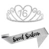 16th Silver Birthday Tiara and Sash Glitter Satin Sash and Crystal Rhinestone Tiara Crown for Happy 16th Birthday Party Supplies Favors Decorations 16th Birthday Party Accessories