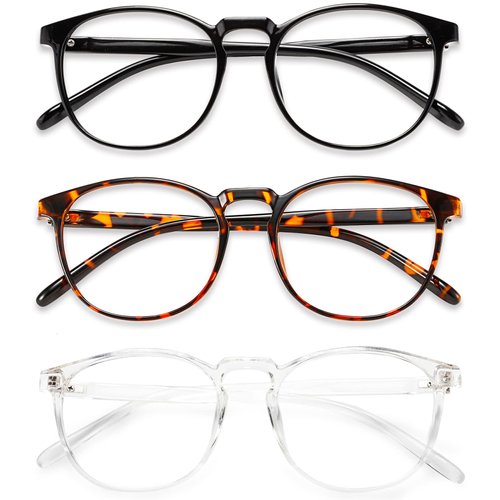 Przene 3 Pack Blue Light Blocking Glasses Women/Men,Retro Round Computer Glasses Anti Eye Strain/UV/Glare, Gaming Glasses. (Black/Crystal/Amber)