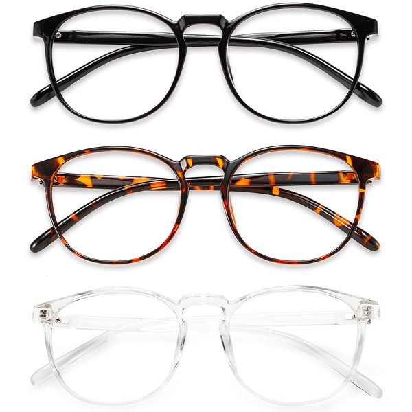 Przene 3 Pack Blue Light Blocking Glasses Women/Men,Retro Round Computer Glasses Anti Eye Strain/UV/Glare, Gaming Glasses. (Black/Crystal/Amber)