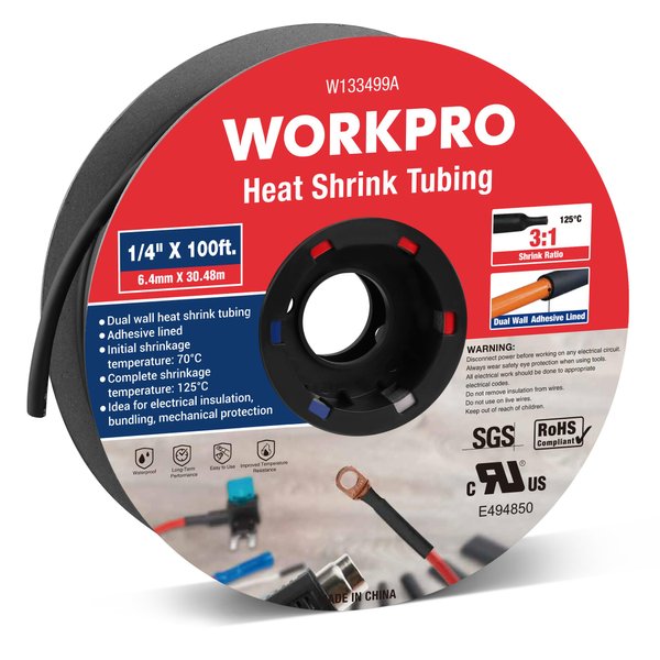 WORKPRO 100FT 1/4" Heat Shrink Tubing, 3:1 Ratio Dual Wall Adhesive Lined Heat Wire Shrink Wrap Tubing, Industrial and Marine Grade Shrinking Cable Tube, Insulation Sealing and Flame Retardant