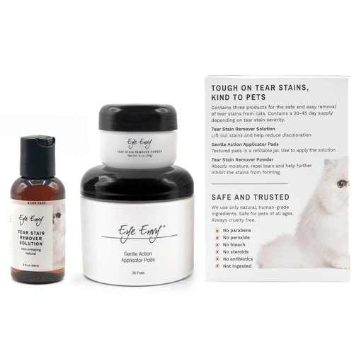 Eye Envy Cat Tear Stain Remover Starter Kit | Tear Stain Essentials in one kit at a 2-Step System | Lasts 30-45 Days | Solution 2 fl.oz, Applicator Pads 30 Count and Powder 0.5oz