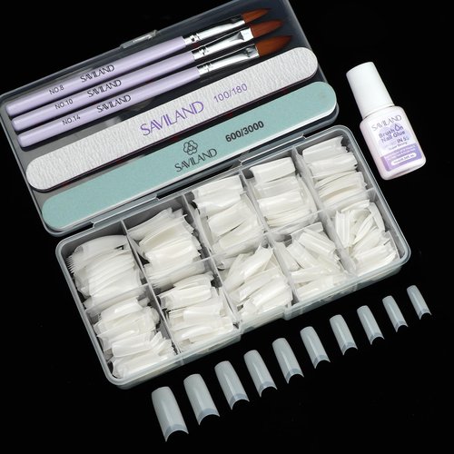 SAVILAND Acrylic Nails with Acrylic Nail Brush: Half Cover False Nails Tips 10 Sizes Nail Tips for Acrylic Nails Professional French Tips Fast-Dry Nail Glue & Acrylic Nail Starter Kit Natural