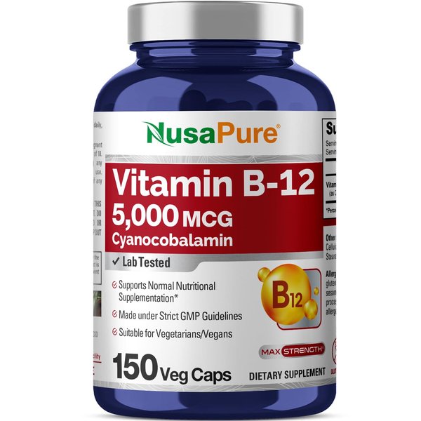 NusaPure Vitamin B12-5000 MCG 150 Veggie Capsules (NON-GMO, Gluten Free) - Max Strength Vitamin B 12